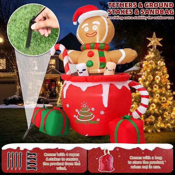 🆕6ft Christmas Inflatables Gingerbread Man Mug Yard Blow up Outdoor Decorations - Picture 6 of 8
